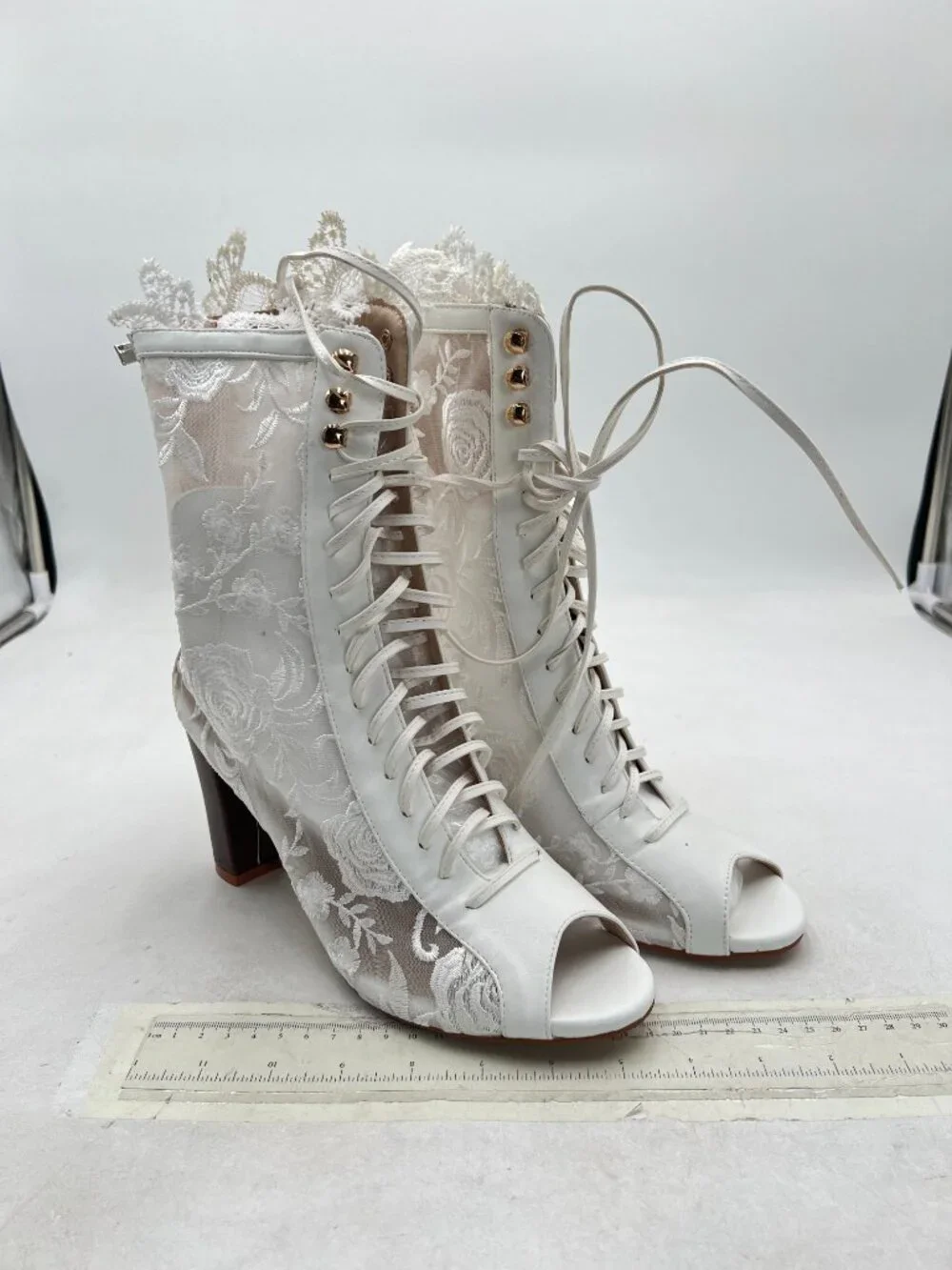 White Chunky Heels Women's Mesh Sandals Boots Peep Toe Lace Up Pumps Party Shoes
